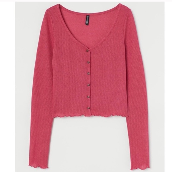 H&M Women's Lettuce Trim Long Sleeve Rib Knit Top - Picture 1 of 3